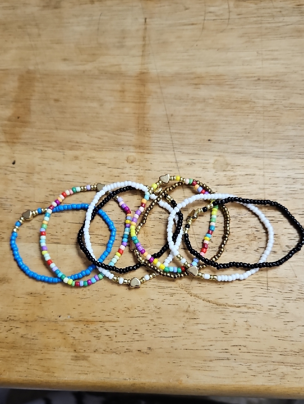 8 Bohemian Bracelets-Women-Handcrafted Seed Bead Stretch-Gold Heart Accent - NEW